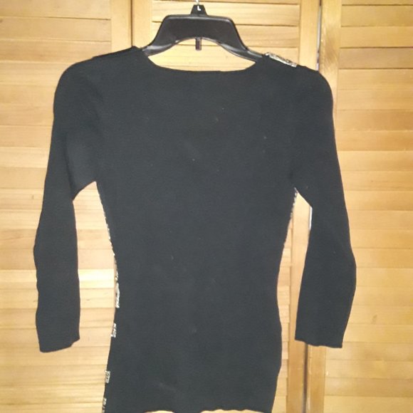 Boston Proper SZ XS Black Gold Design Tight Fitting Knit Fancy Holiday Sweater - Picture 2 of 3